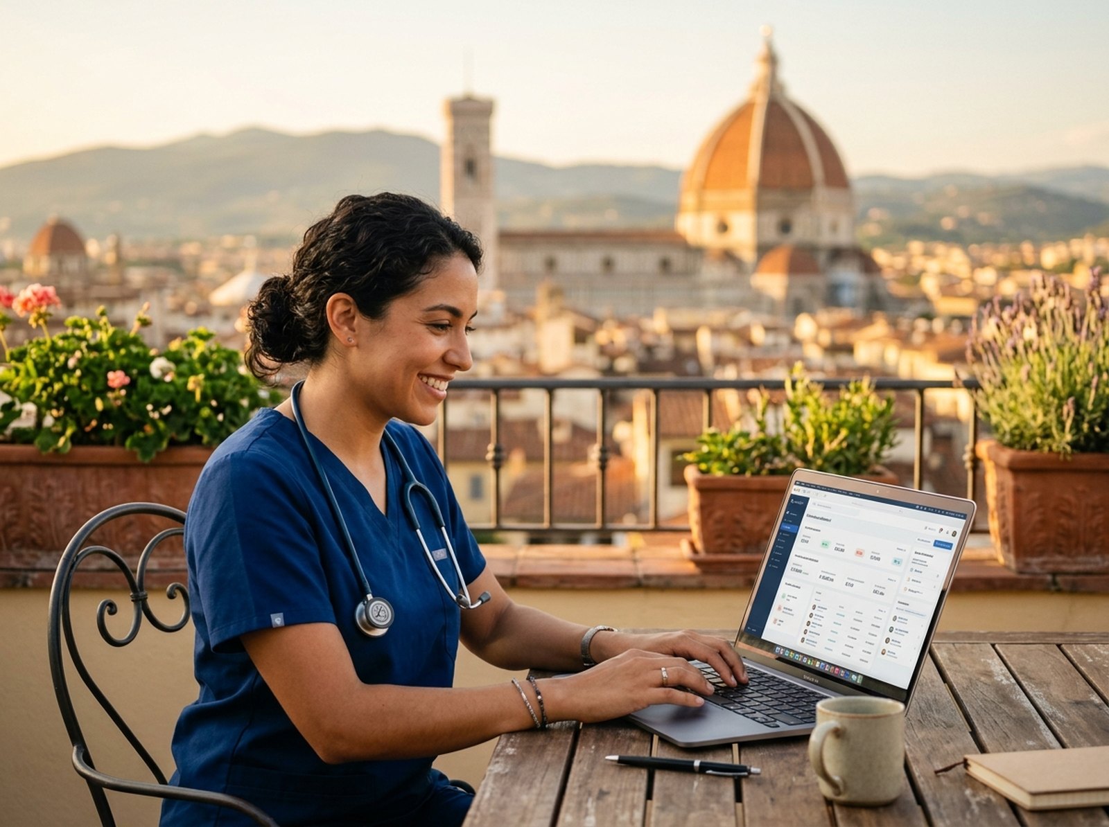 Doctora estudiando italiano médico con fondo de Florencia