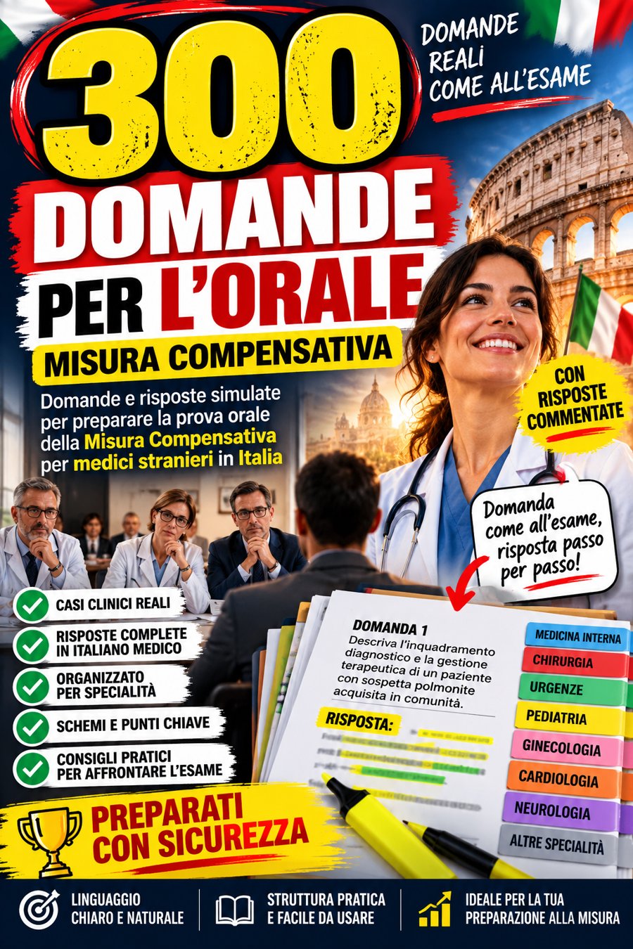 Portada del libro 300 Domande per Superare l'Orale: La preparazione pratica alla Misura Compensativa per medici stranieri in Italia
